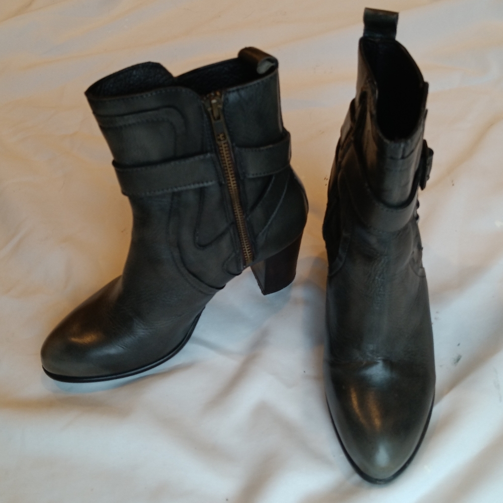 Gray leather ankle boots